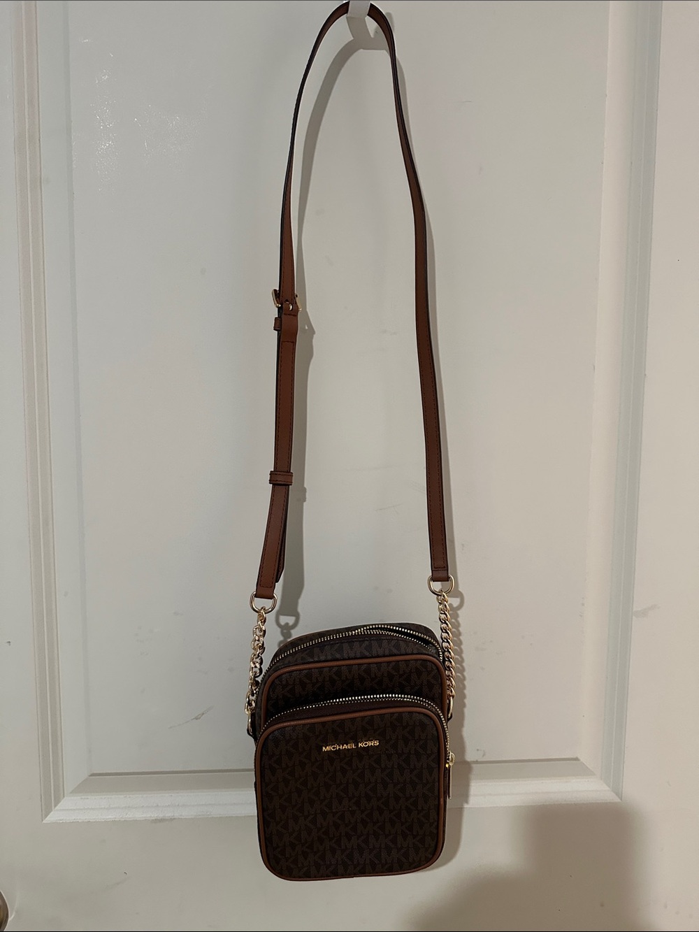 Michael Kors Brown MK Monogram Crossbody Bag with Gold Hardware